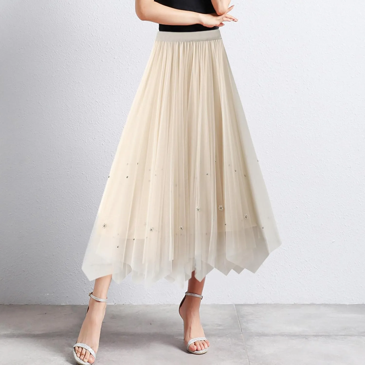 Women Mid Length Skirt Dance Party A Line High Waisted Tulle Skirt Holiday Party Costume Pleated Half Light Cheer