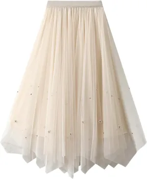 Women Mid Length Skirt Dance Party A Line High Waisted Tulle Skirt Holiday Party Costume Pleated Half Light Cheer