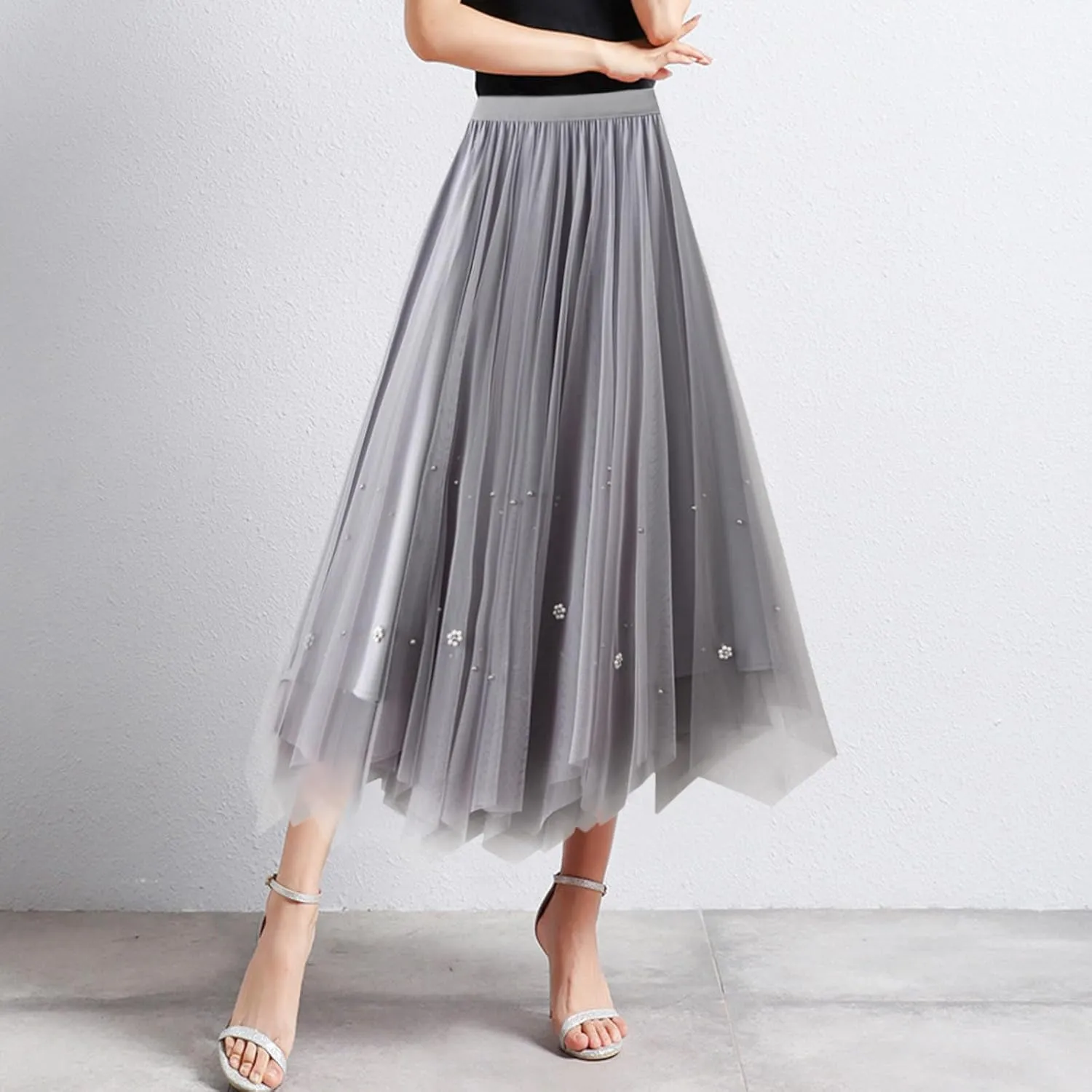 Women Mid Length Skirt Dance Party A Line High Waisted Tulle Skirt Holiday Party Costume Pleated Half Light Cheer