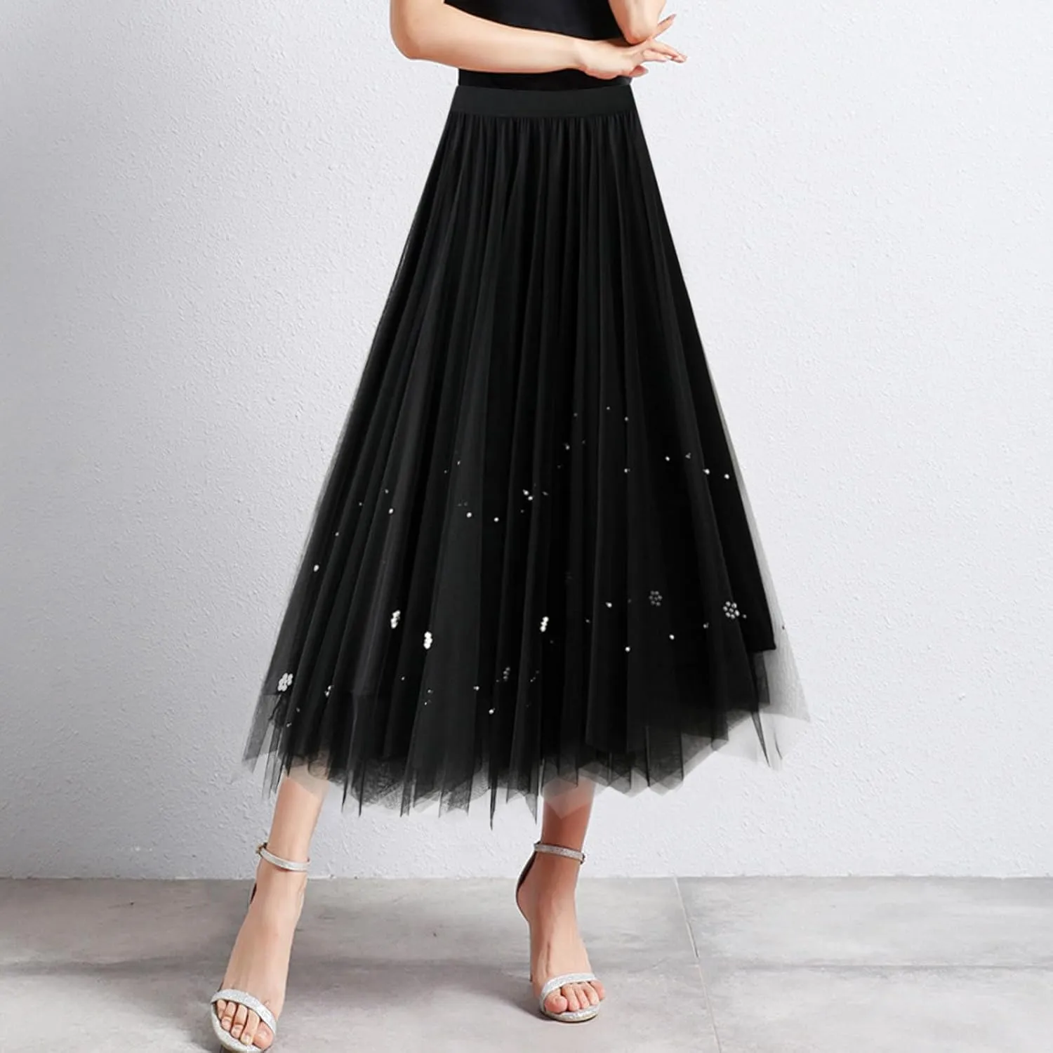 Women Mid Length Skirt Dance Party A Line High Waisted Tulle Skirt Holiday Party Costume Pleated Half Light Cheer