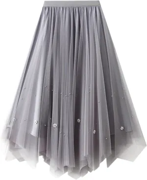 Women Mid Length Skirt Dance Party A Line High Waisted Tulle Skirt Holiday Party Costume Pleated Half Light Cheer
