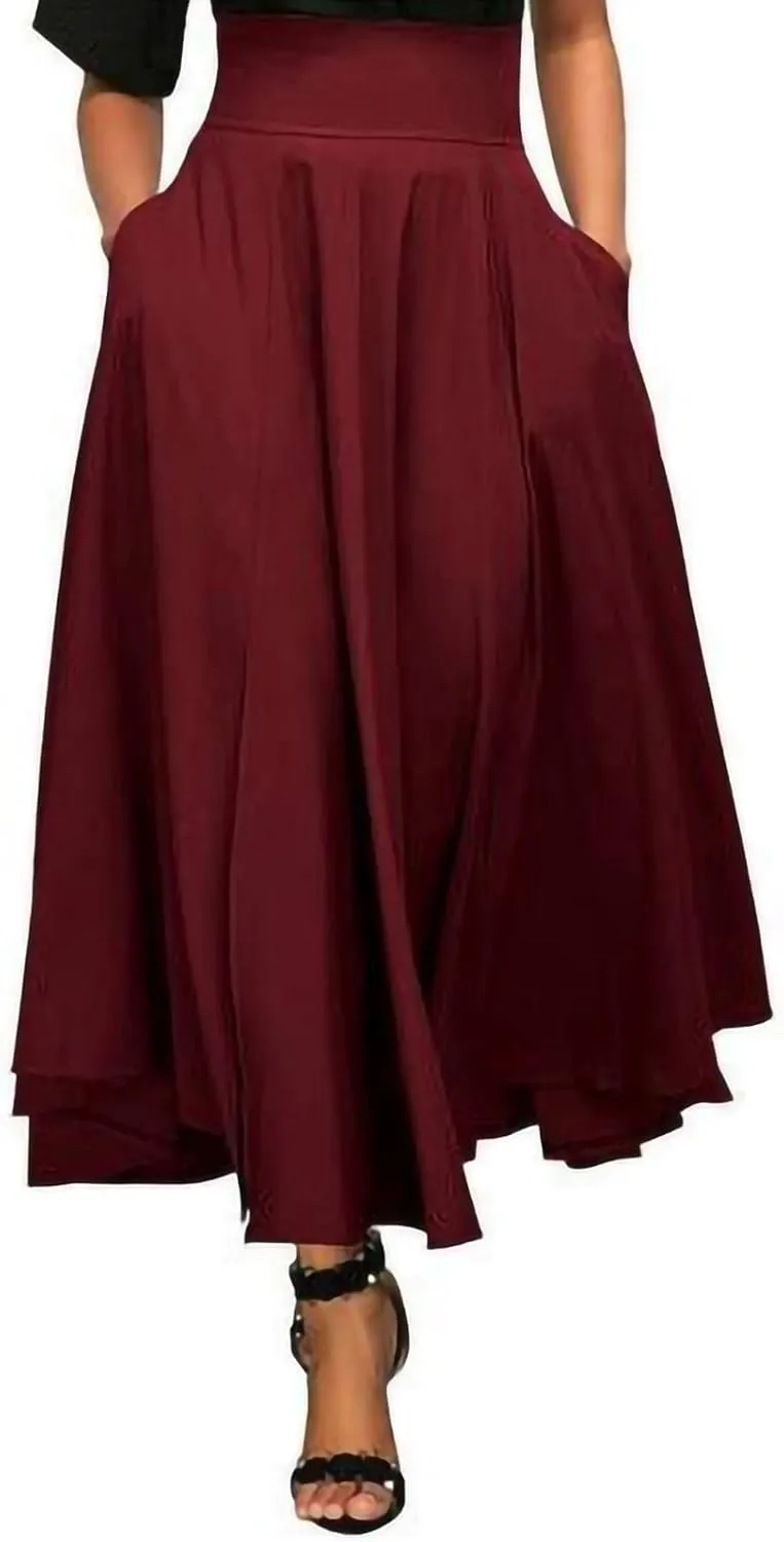 Women Pack Long Skirts Fall Winter Flowy Maxi Skirt Classic High Waist Fold Over Floor Ankle Length Stretchy Skirts