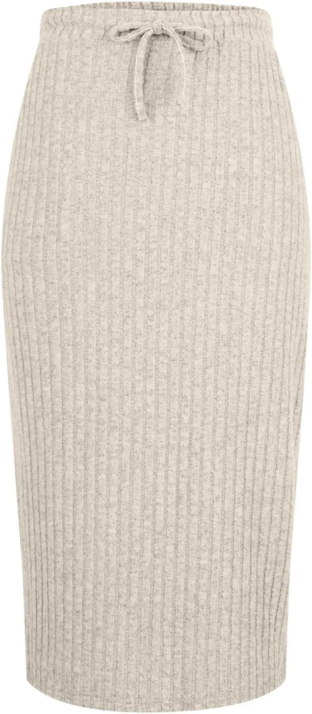 Women Ribbed Knit Bodycon Midi Skirt Drawstring High Waisted Pencil Skirts Dressy Casual Slim Long Skirt with Pocket