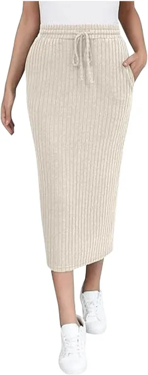 Women Ribbed Knit Bodycon Midi Skirt Drawstring High Waisted Pencil Skirts Dressy Casual Slim Long Skirt with Pocket
