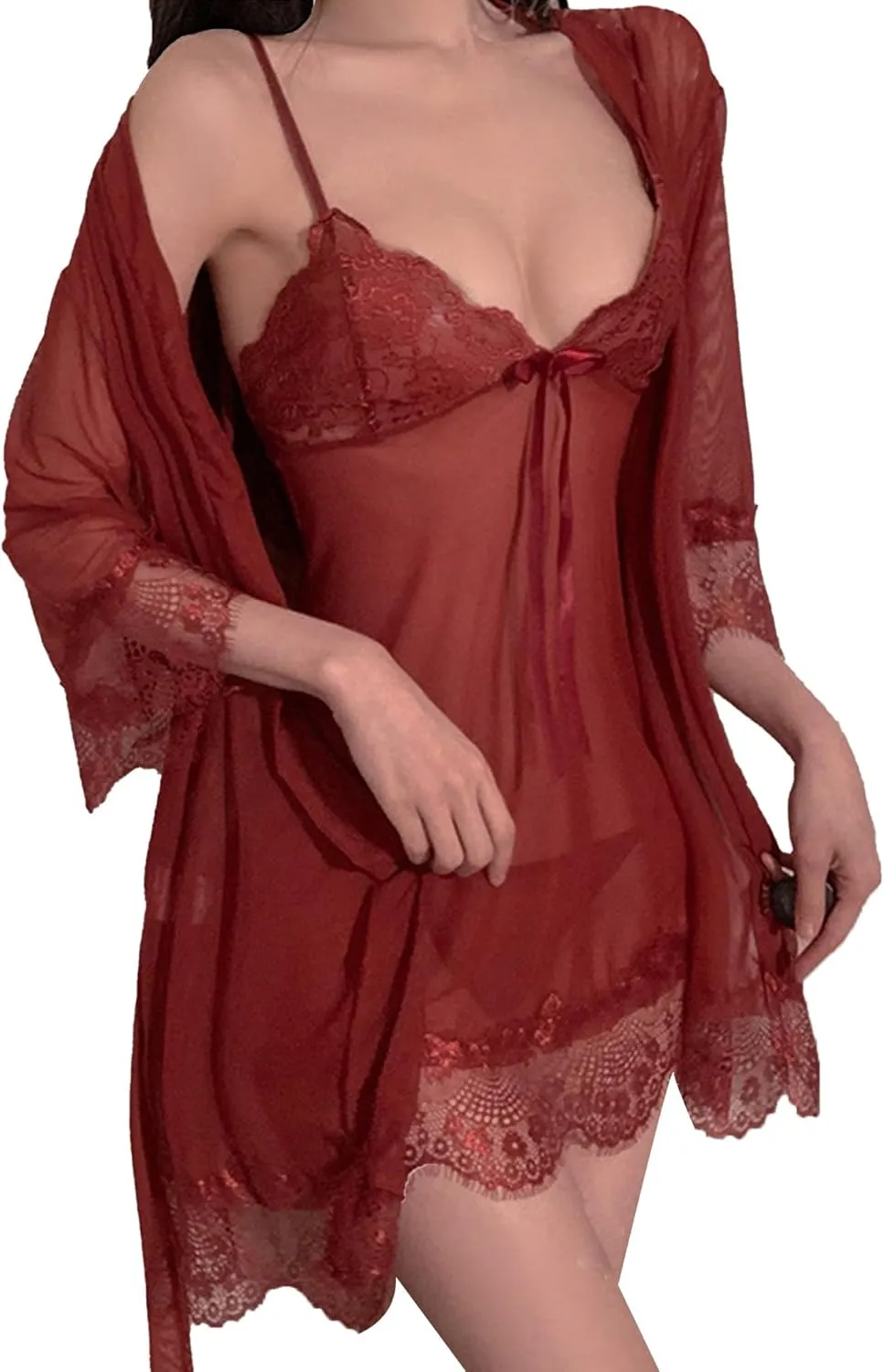 Women Sexy Lingerie Set 2 Piece Lace Kimono Robe Nightgown with Lace Teddy Lingerie Bodysuit