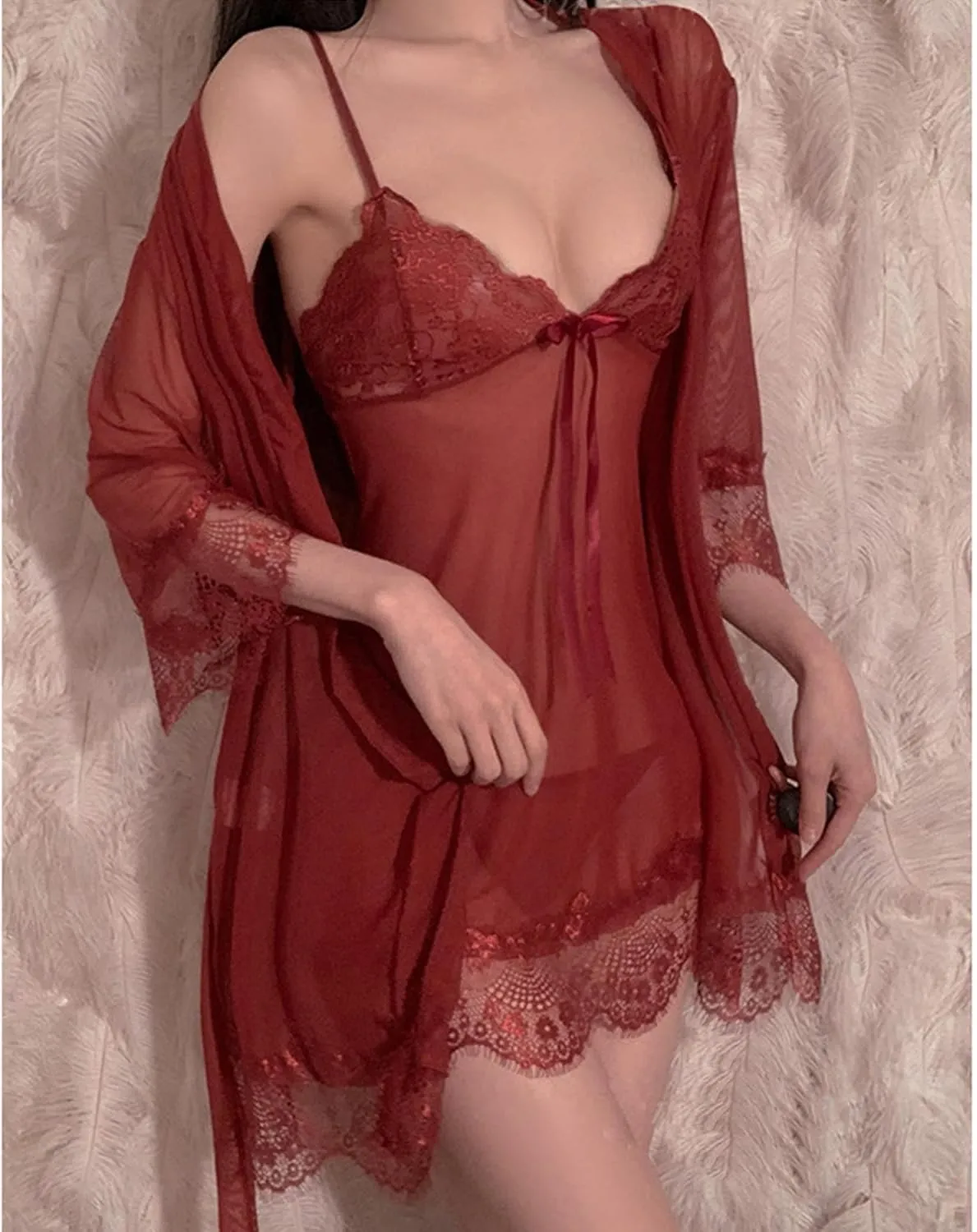 Women Sexy Lingerie Set 2 Piece Lace Kimono Robe Nightgown with Lace Teddy Lingerie Bodysuit