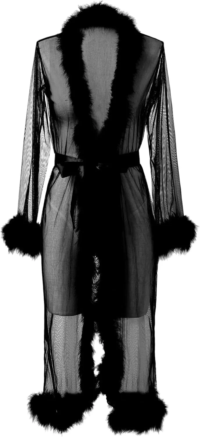 Women Sexy Tulle Feather Robe Mesh Boudoir Bathrobe Fur Illusion Robe Nightgown Bridal Lingerie Trim Dress