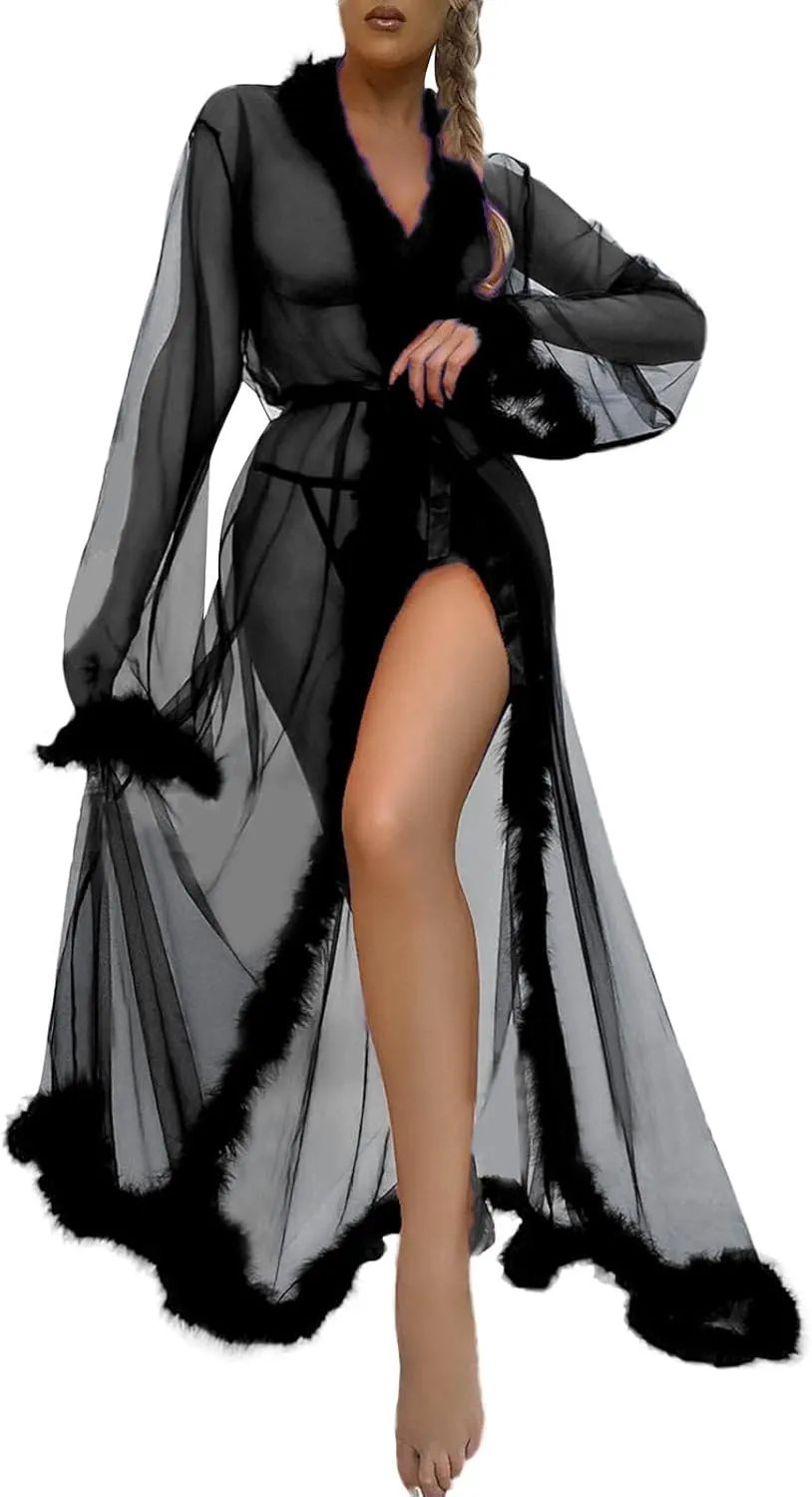 Women Sexy Tulle Feather Robe Mesh Boudoir Bathrobe Fur Illusion Robe Nightgown Bridal Lingerie Trim Dress