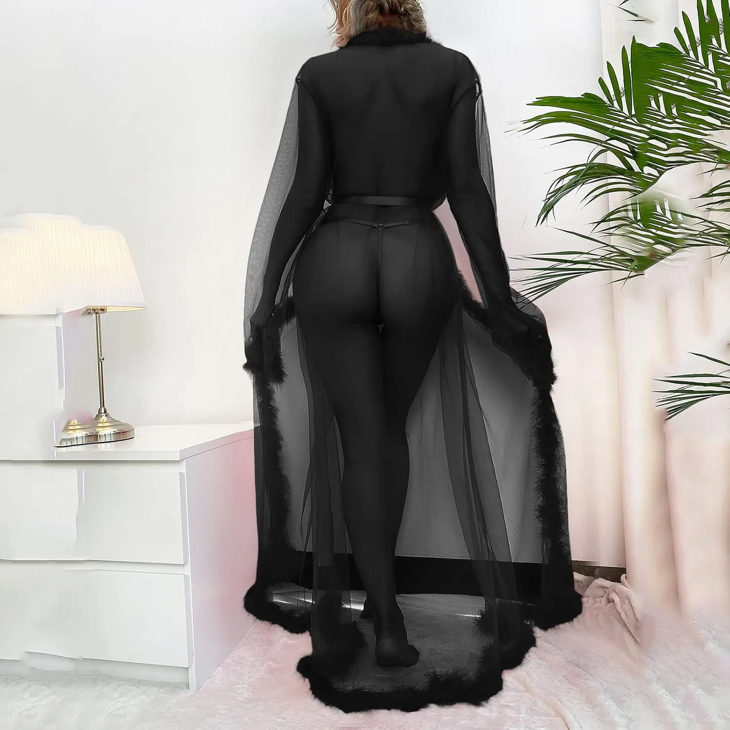 Women Sexy Tulle Feather Robe Mesh Boudoir Bathrobe Fur Illusion Robe Nightgown Bridal Lingerie Trim Dress