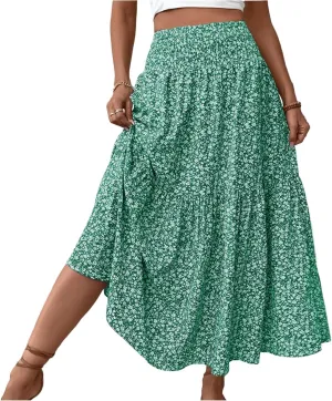 Women Summer Boho Floral Smocked Elastic High Waist Flowy Swing Pleated Maxi Skirts Vacation Print A-Line Long Skirts