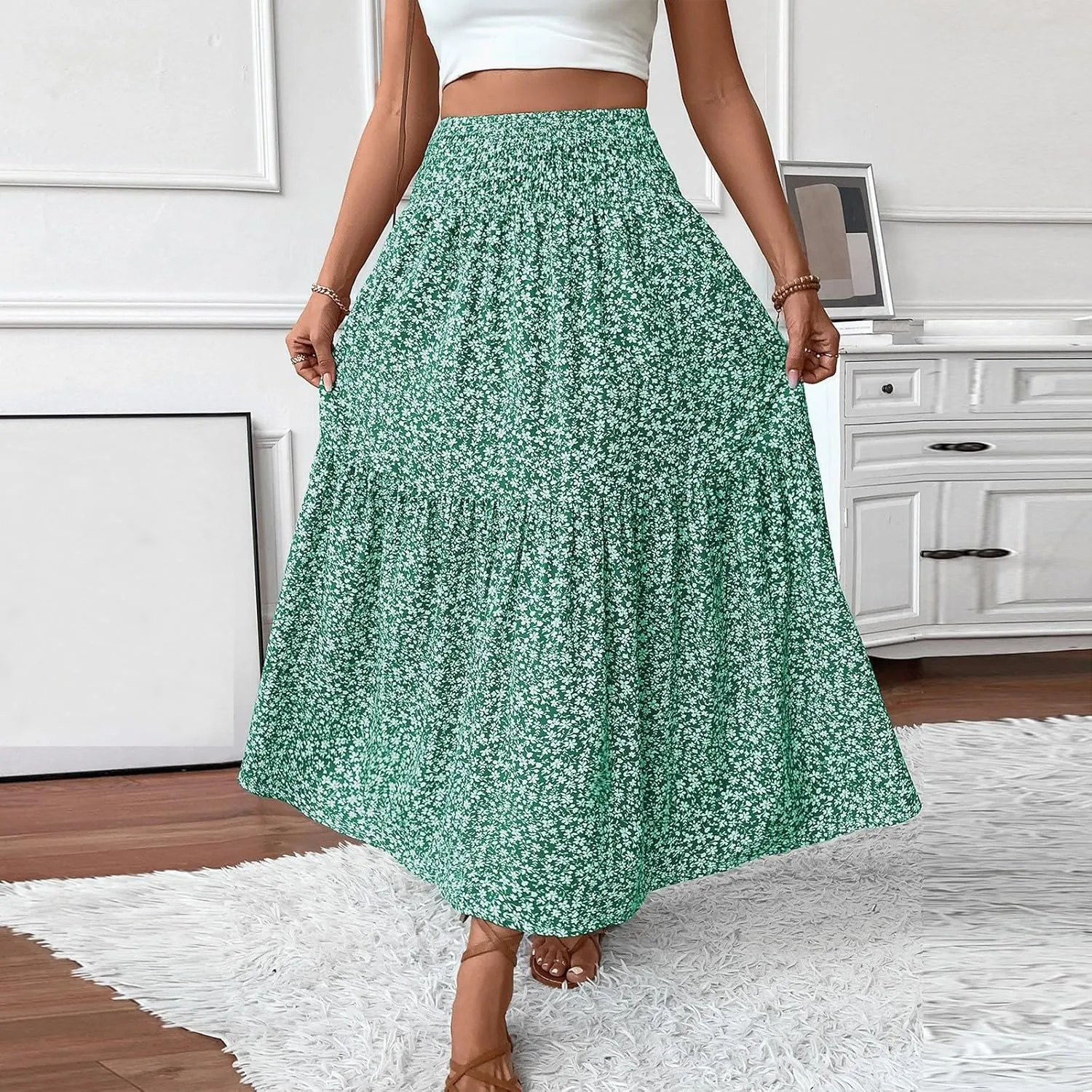 Women Summer Boho Floral Smocked Elastic High Waist Flowy Swing Pleated Maxi Skirts Vacation Print A-Line Long Skirts
