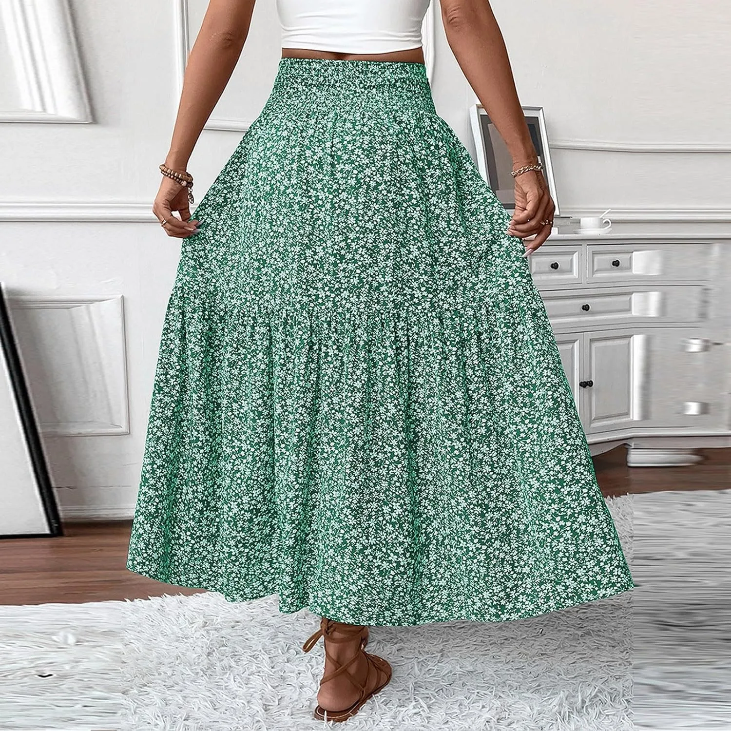 Women Summer Boho Floral Smocked Elastic High Waist Flowy Swing Pleated Maxi Skirts Vacation Print A-Line Long Skirts