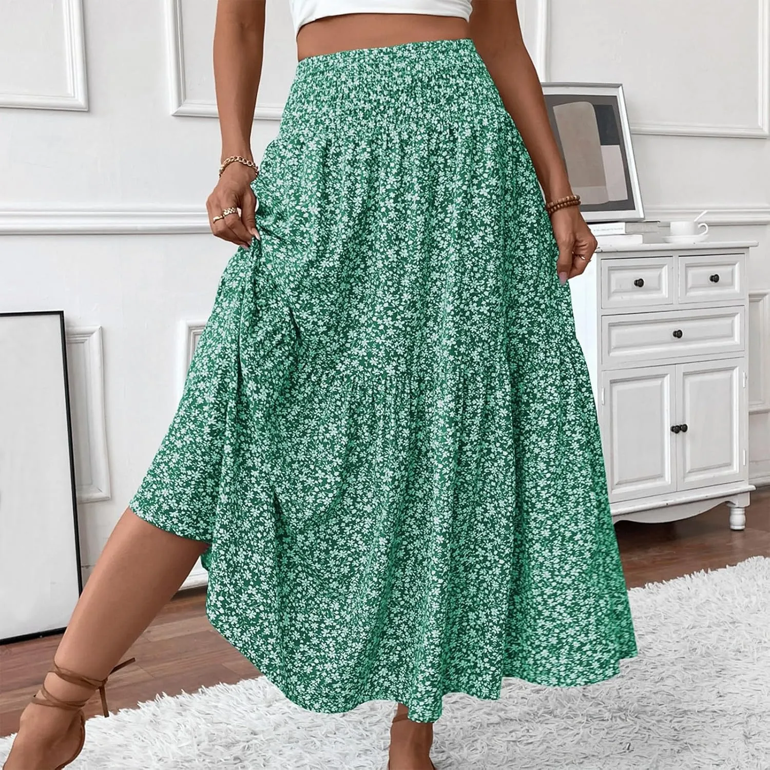 Women Summer Boho Floral Smocked Elastic High Waist Flowy Swing Pleated Maxi Skirts Vacation Print A-Line Long Skirts