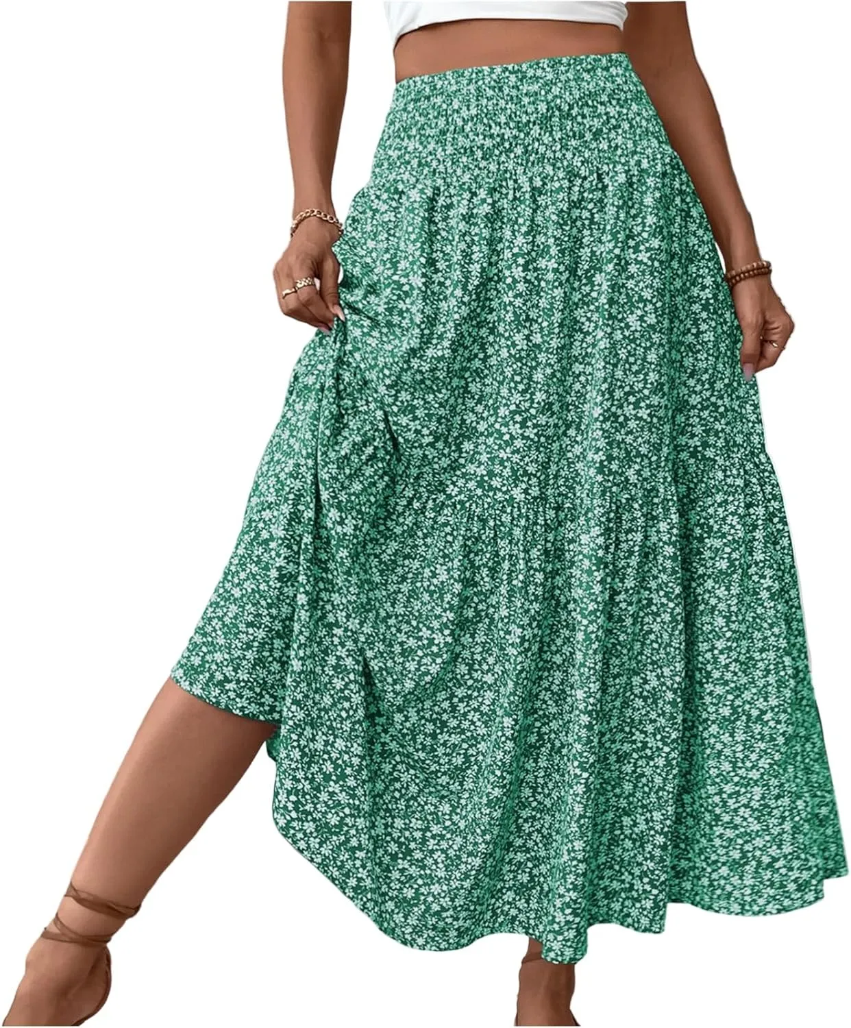 Women Summer Boho Floral Smocked Elastic High Waist Flowy Swing Pleated Maxi Skirts Vacation Print A-Line Long Skirts