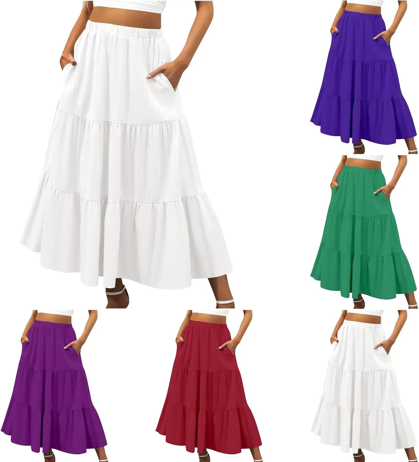 Women Summer Boho Flowy Swing Tiered A-Line Midi Skirt 2025 Fashion Elastic Waist Pleated Long Beach Dress with Pocket