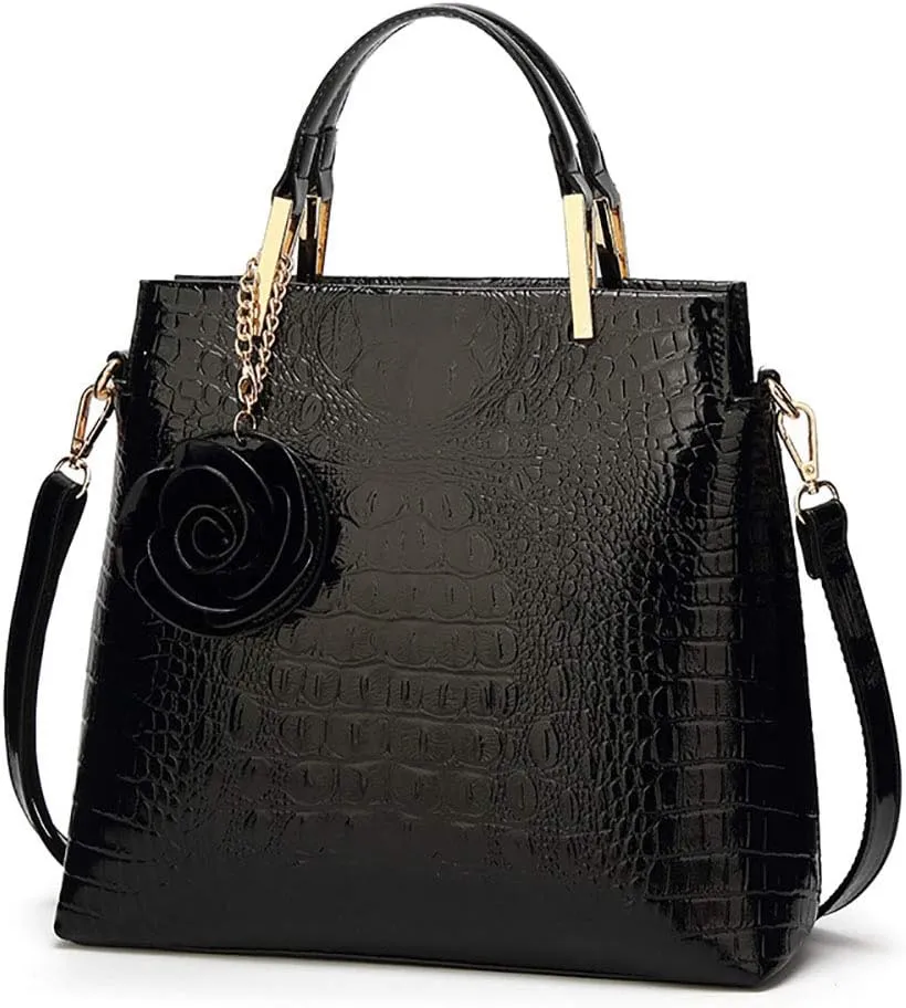 Women Tote Bag Purse Patent Leather HandBag Designer Crocodile Rose Top Handle Bag