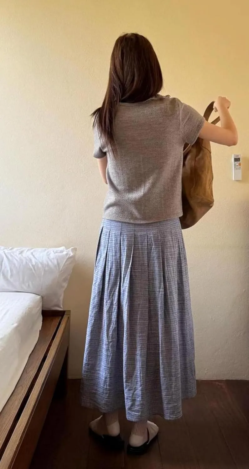 Women Vintage Y2K Summer Pleated Skirt Cotton Plaid Long Skirt A Line Aesthetic Midi Skirts