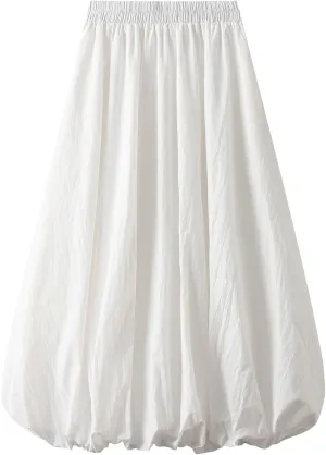 Women Y2K Bubble Maxi Skirt Elastic High Waist Balloon Long Skirts Pleated Flowy A Line Ruffle Hem Puff Midi Skirts