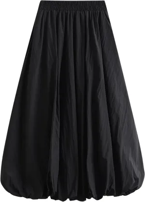 Women Y2K Bubble Maxi Skirt Elastic High Waist Balloon Long Skirts Pleated Flowy A Line Ruffle Hem Puff Midi Skirts