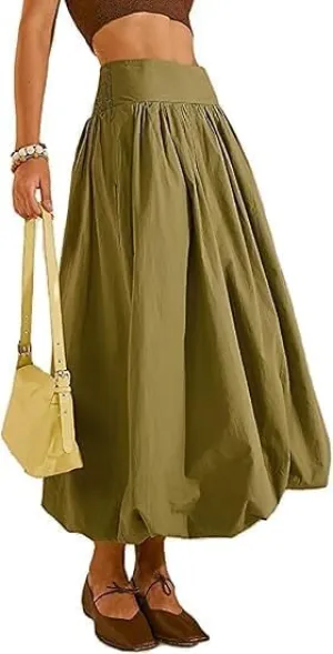 Women Y2K Bubble Maxi Skirts A Line Long Pleated Casual Summer Skirts Elastic Waist Balloon Midi Skirt