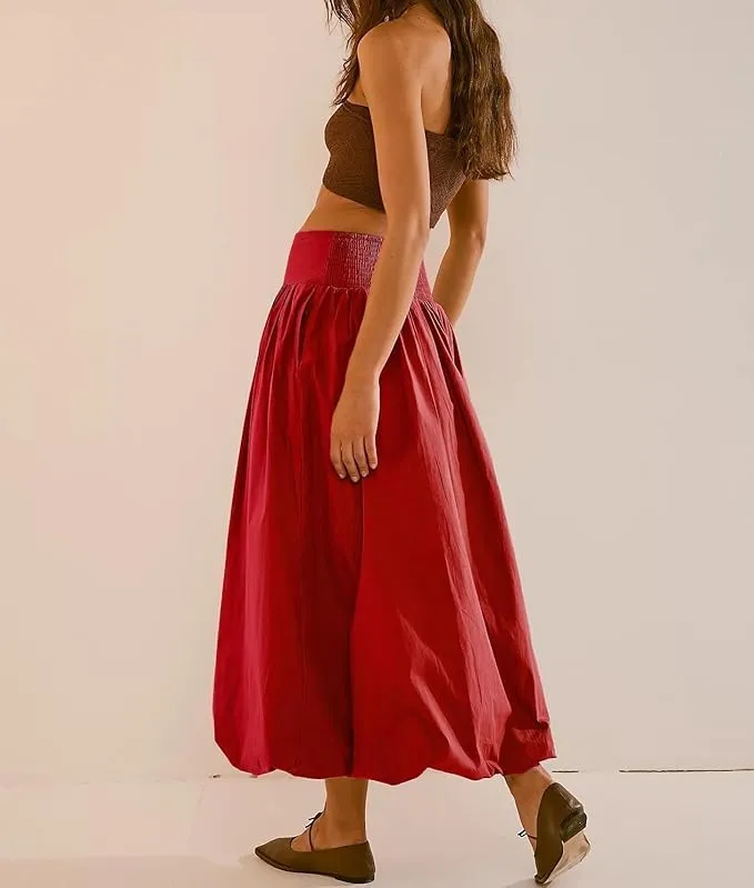 Women Y2K Bubble Maxi Skirts A Line Long Pleated Casual Summer Skirts Elastic Waist Balloon Midi Skirt