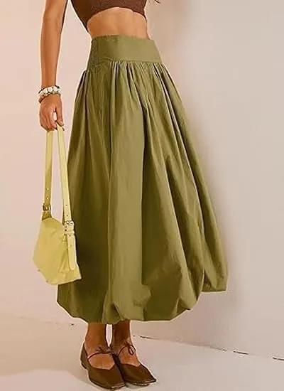Women Y2K Bubble Maxi Skirts A Line Long Pleated Casual Summer Skirts Elastic Waist Balloon Midi Skirt