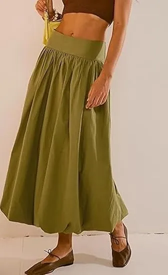 Women Y2K Bubble Maxi Skirts A Line Long Pleated Casual Summer Skirts Elastic Waist Balloon Midi Skirt