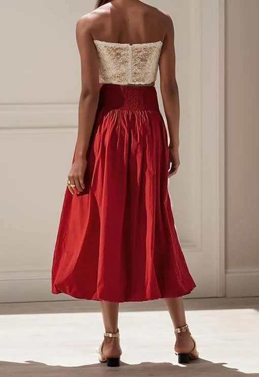 Women Y2K Bubble Maxi Skirts A Line Long Pleated Casual Summer Skirts Elastic Waist Balloon Midi Skirt