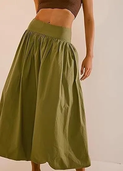 Women Y2K Bubble Maxi Skirts A Line Long Pleated Casual Summer Skirts Elastic Waist Balloon Midi Skirt