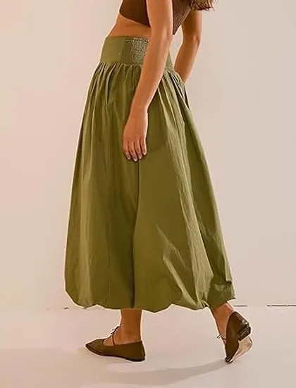 Women Y2K Bubble Maxi Skirts A Line Long Pleated Casual Summer Skirts Elastic Waist Balloon Midi Skirt