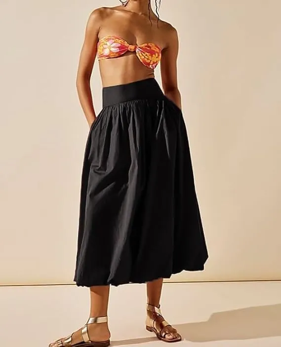 Women Y2K Bubble Maxi Skirts A Line Long Pleated Casual Summer Skirts Elastic Waist Balloon Midi Skirt