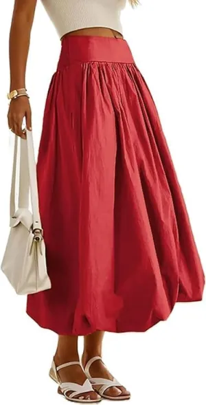 Women Y2K Bubble Maxi Skirts A Line Long Pleated Casual Summer Skirts Elastic Waist Balloon Midi Skirt