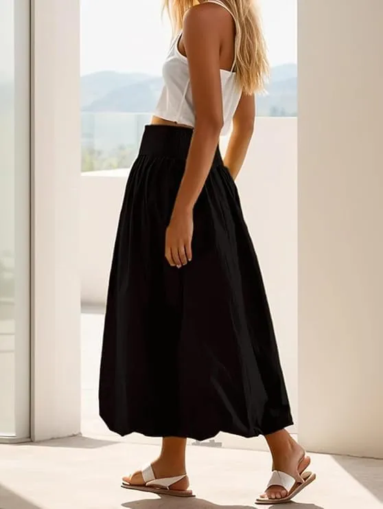 Women Y2K Bubble Maxi Skirts A Line Long Pleated Casual Summer Skirts Elastic Waist Balloon Midi Skirt