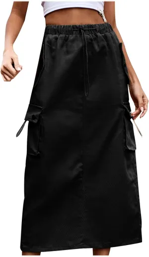Women Y2k Drawstring Cargo Denim Skirt High Waist Ruched Parachute Maxi Long Skirts Vintage Jean Skirt with Pockets