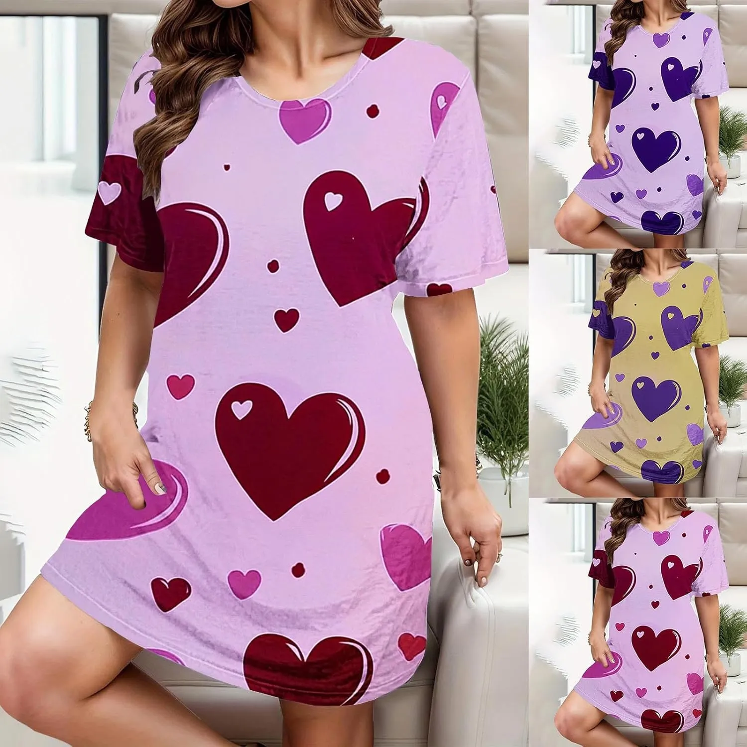 Women's 3D Printed Nightgown Short Sleeve Sleepshirt Loose Crew Neck Pajamas Cute Heart Graphic T Shirt Dress Sleepwear