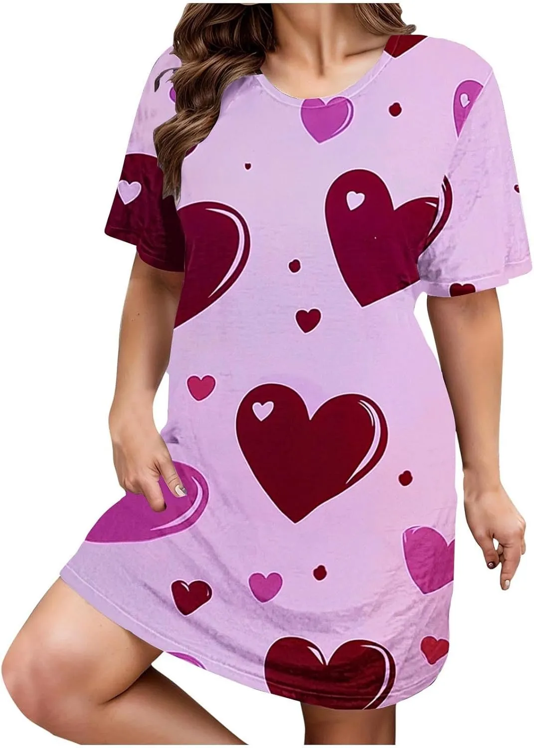 Women's 3D Printed Nightgown Short Sleeve Sleepshirt Loose Crew Neck Pajamas Cute Heart Graphic T Shirt Dress Sleepwear