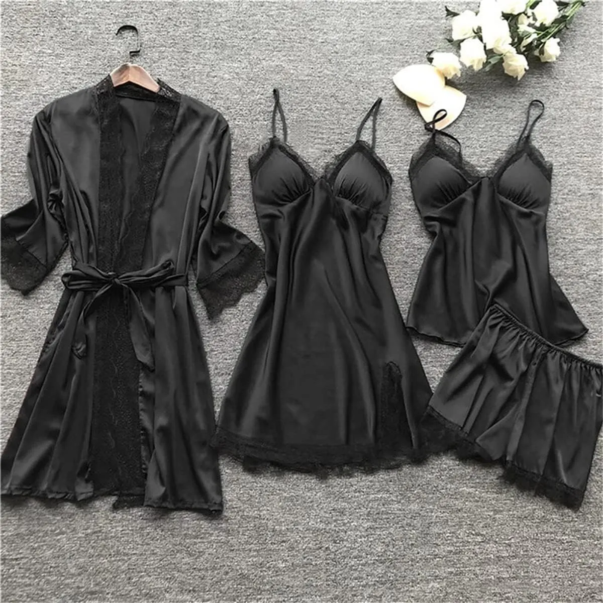 Women's 4Pcs Sleepwear Lace Trim Silk Pajama Sets Cami Top Shorts Nightgown Robe Sets Sexy Satin Pjs Loungewear Sets
