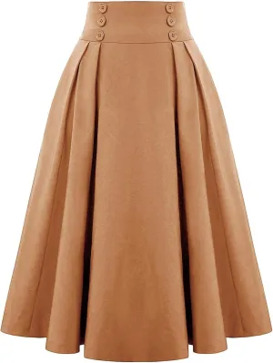 Womens A Line High Waisted Midi Skirts Button Down Fall Vintage Pleated Casual Flowy Button Down Swing Long Skirt