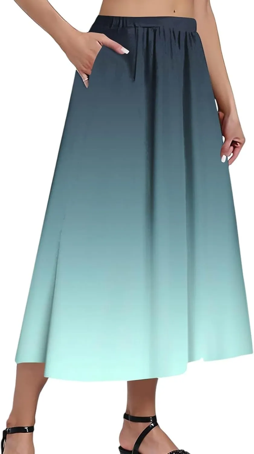 Womens A-Line Midi Skirts Casual Elastic High Waist Flowy Swing Pleated Beach Boho Long Skirt with Pocket