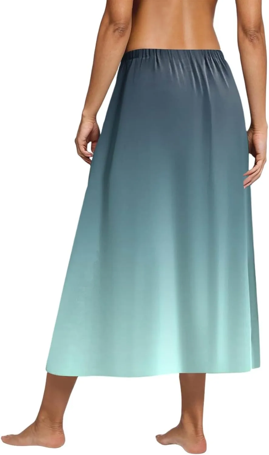 Womens A-Line Midi Skirts Casual Elastic High Waist Flowy Swing Pleated Beach Boho Long Skirt with Pocket