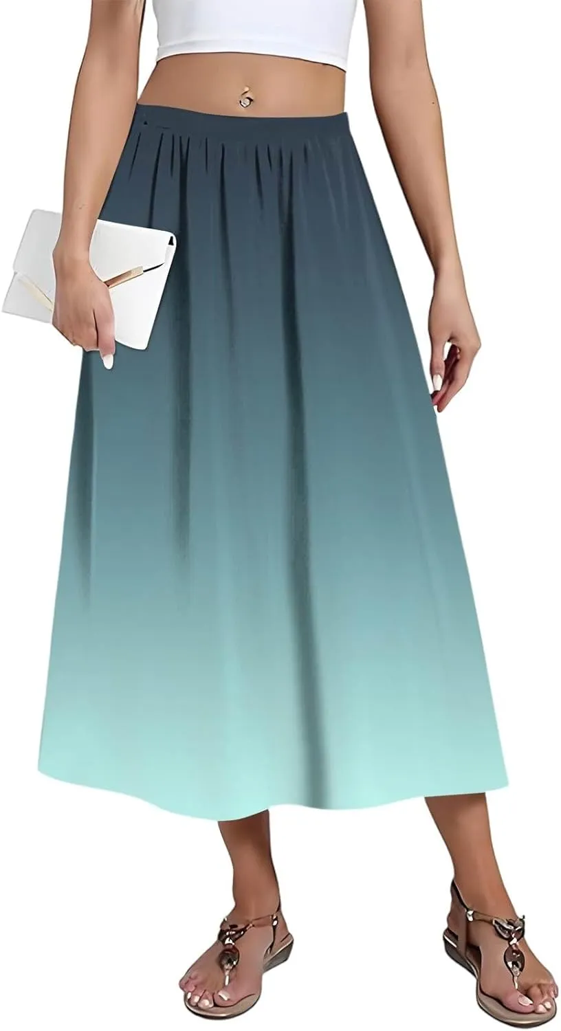 Womens A-Line Midi Skirts Casual Elastic High Waist Flowy Swing Pleated Beach Boho Long Skirt with Pocket