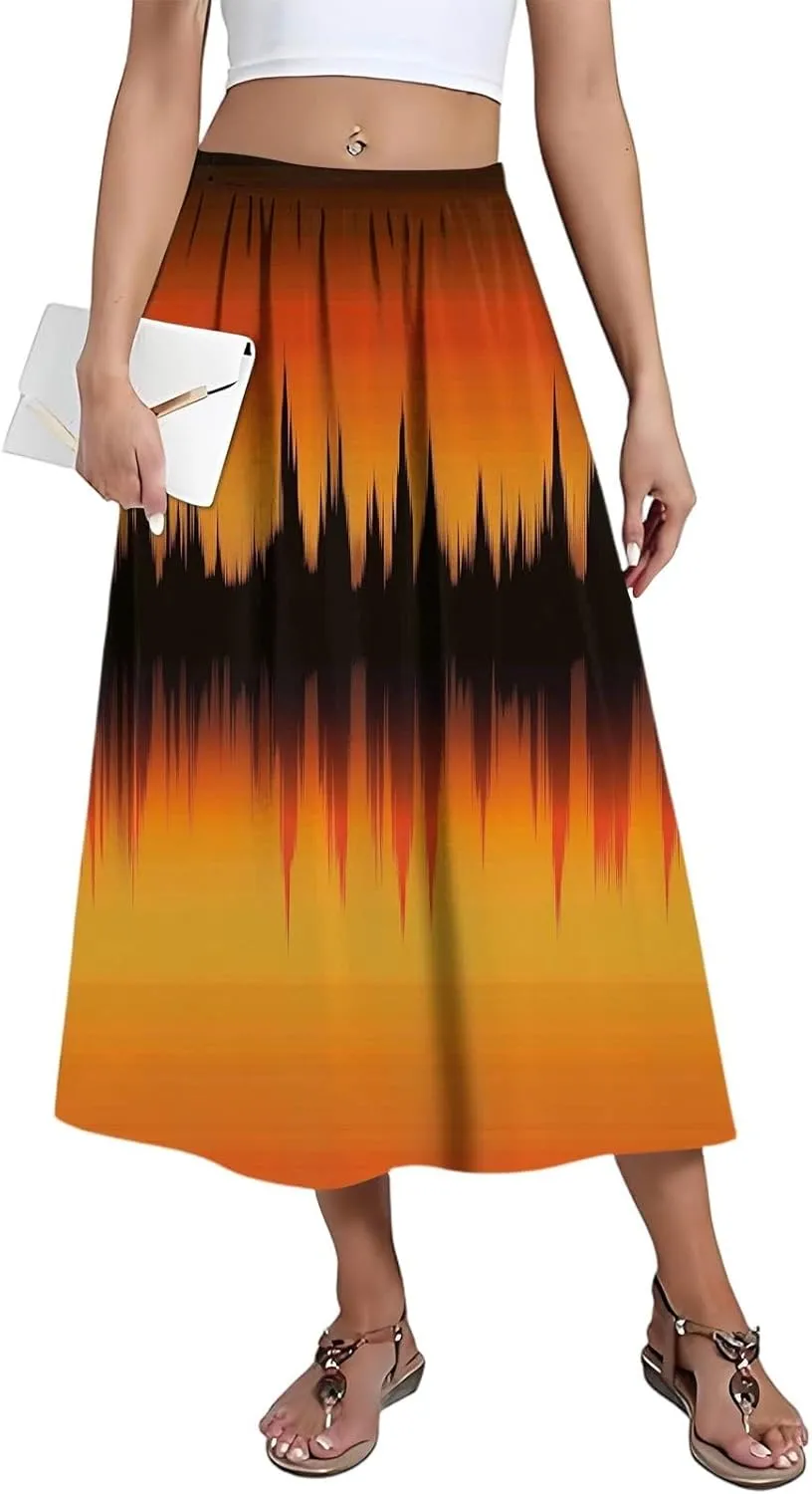 Womens A-Line Midi Skirts Casual Elastic High Waist Flowy Swing Pleated Beach Boho Long Skirt with Pocket
