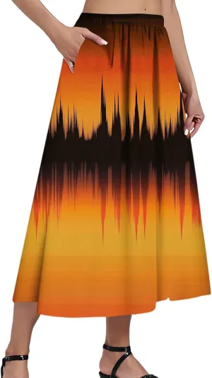 Womens A-Line Midi Skirts Casual Elastic High Waist Flowy Swing Pleated Beach Boho Long Skirt with Pocket
