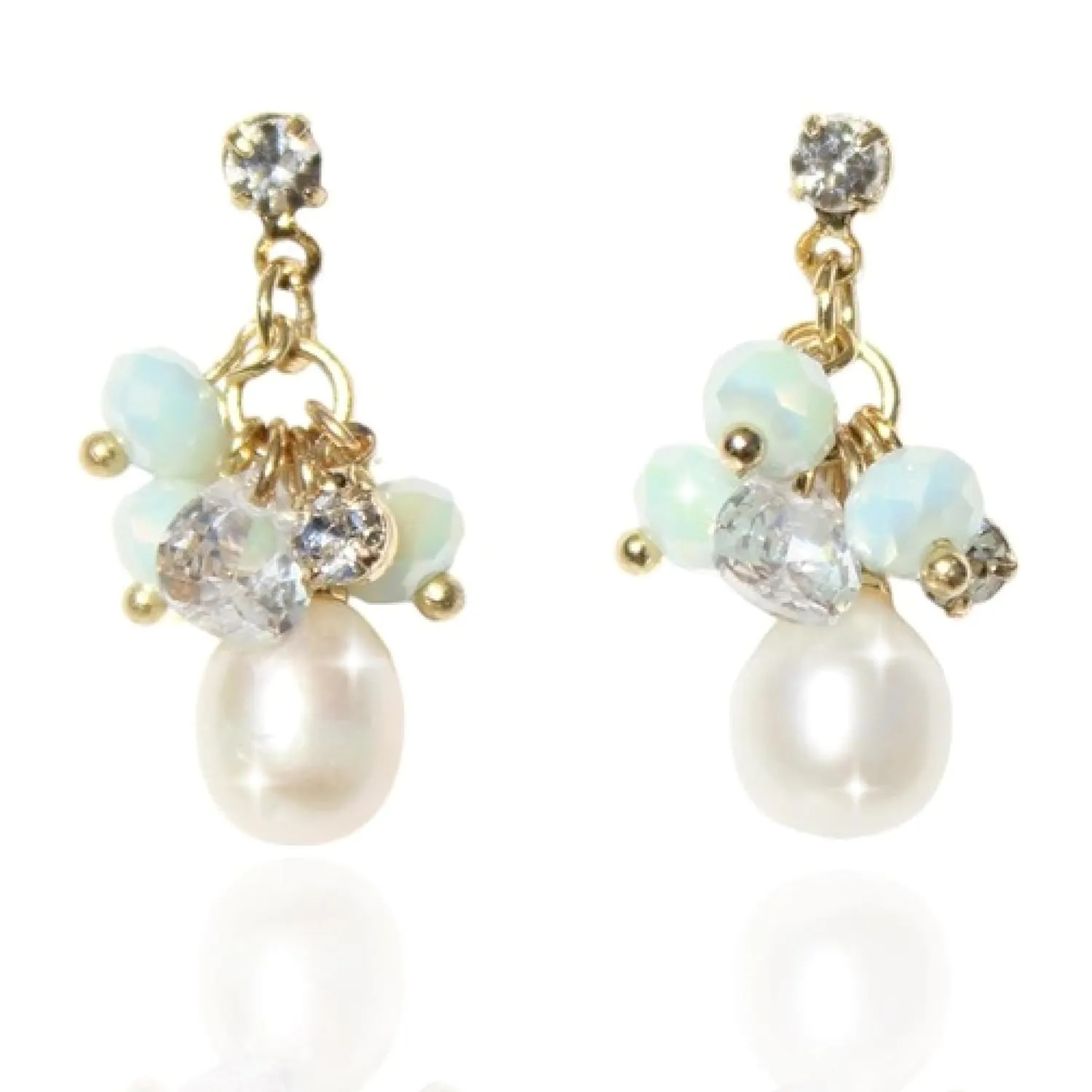 Women's Aqua Beads Pearl drop dangle earrings Dainty Gold Pearl Earrings for Women Freshwater Pearl 14k gold plated Cubic Zirconia bar earrings Pearl Aquamarine beads elegant gold