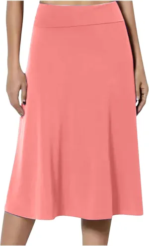 Womens Basic Solid Midi Skirts Casual Knee Length A-Line Skirt Lightweight Flare Pull On Closure Skirt Plus Size 3XL