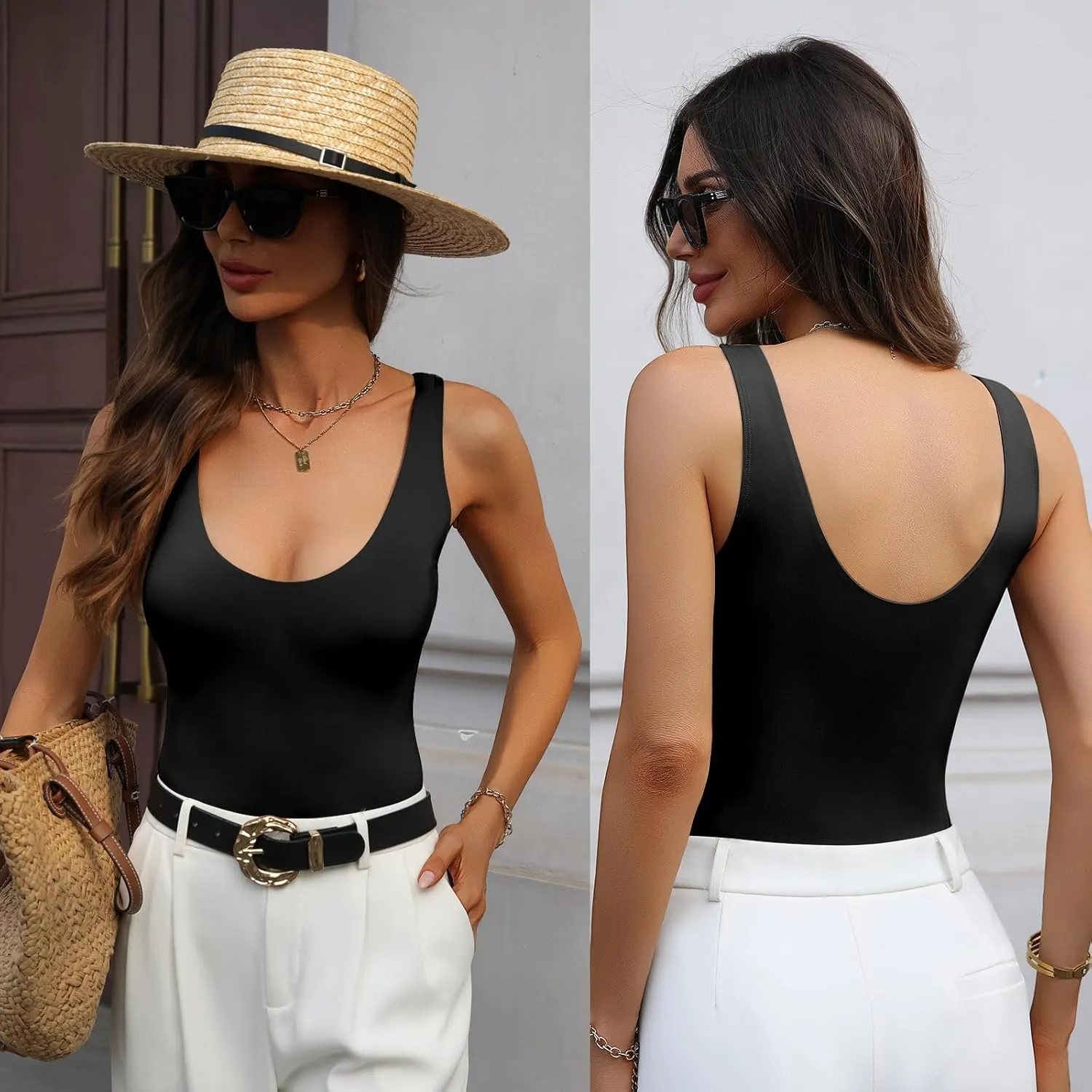 Womens Bodysuits Deep V Neck Backless Sleeveless Double-Lined Thong Bodysuit Tank Top