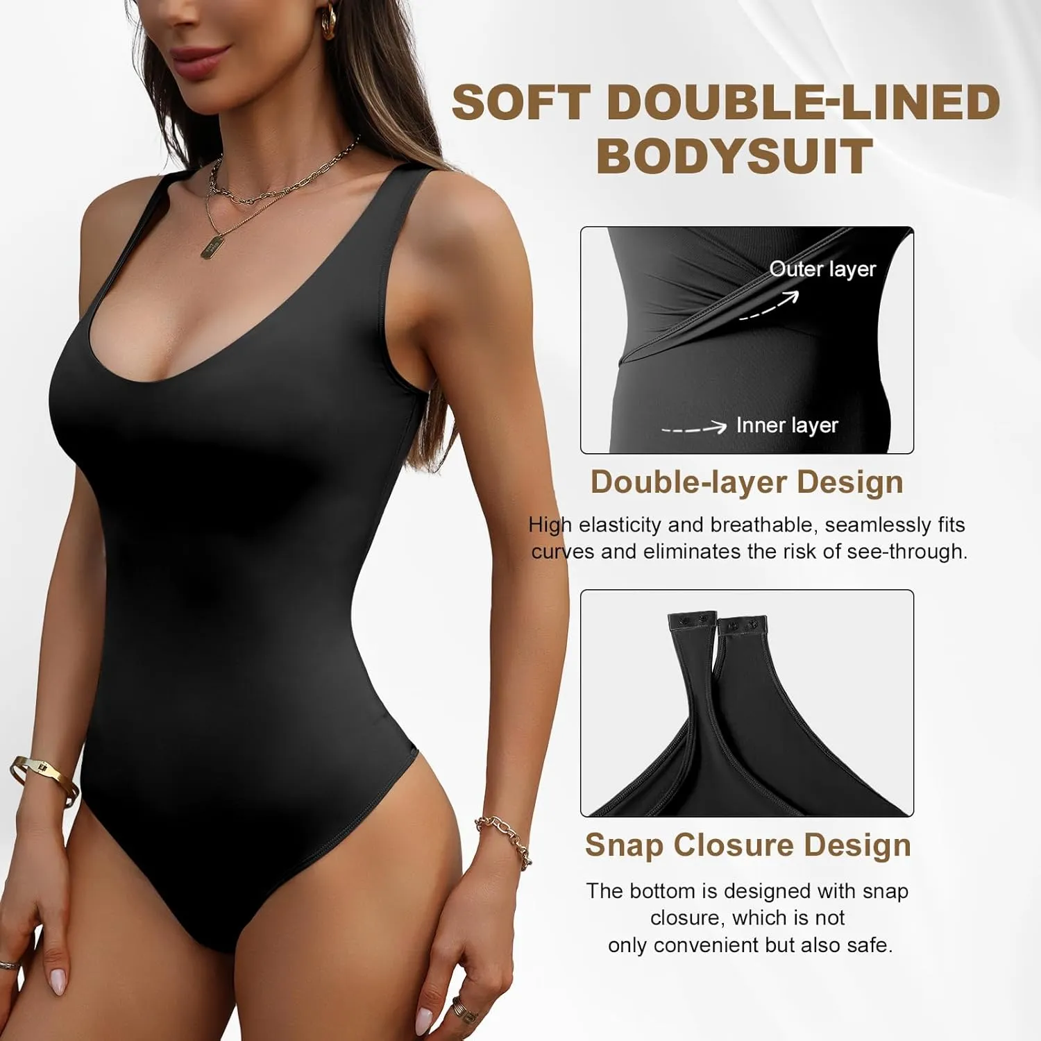 Womens Bodysuits Deep V Neck Backless Sleeveless Double-Lined Thong Bodysuit Tank Top