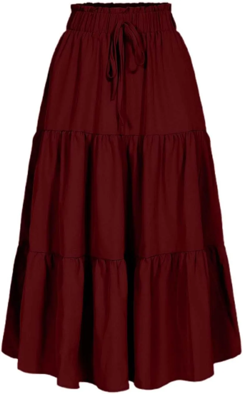 Womens Boho A Line Midi Skirt Pleated Elastic Waist Tiered Summer Casual Trendy Comfy Long Skirts