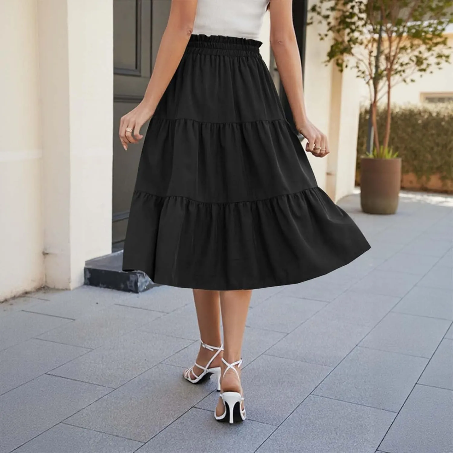 Womens Boho A Line Midi Skirt Pleated Elastic Waist Tiered Summer Casual Trendy Comfy Long Skirts