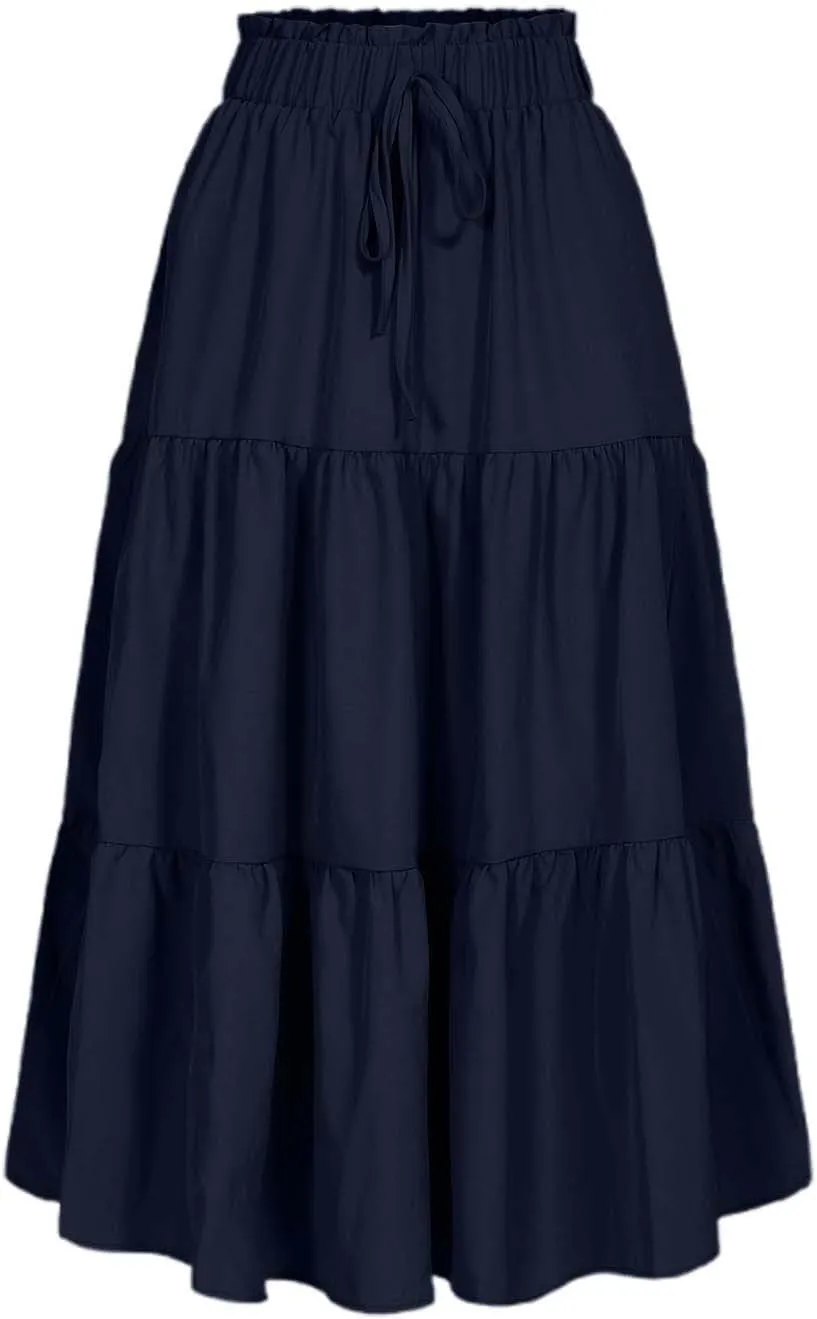 Womens Boho A Line Midi Skirt Pleated Elastic Waist Tiered Summer Casual Trendy Comfy Long Skirts
